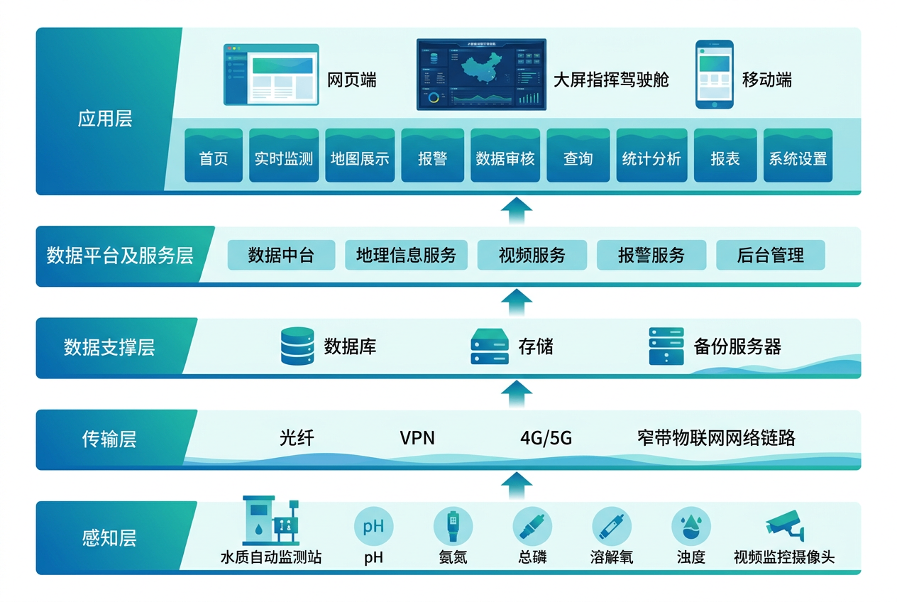 一张简洁专业的水质自动监测平台技术架构图_五层横向堆叠结构__2026-08-17T08-47-05.png